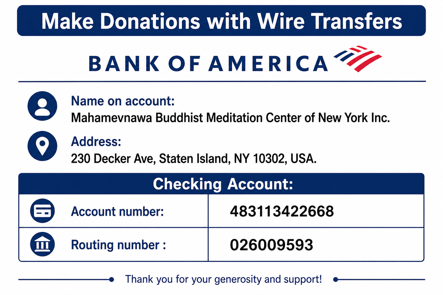 Bank account details for donation