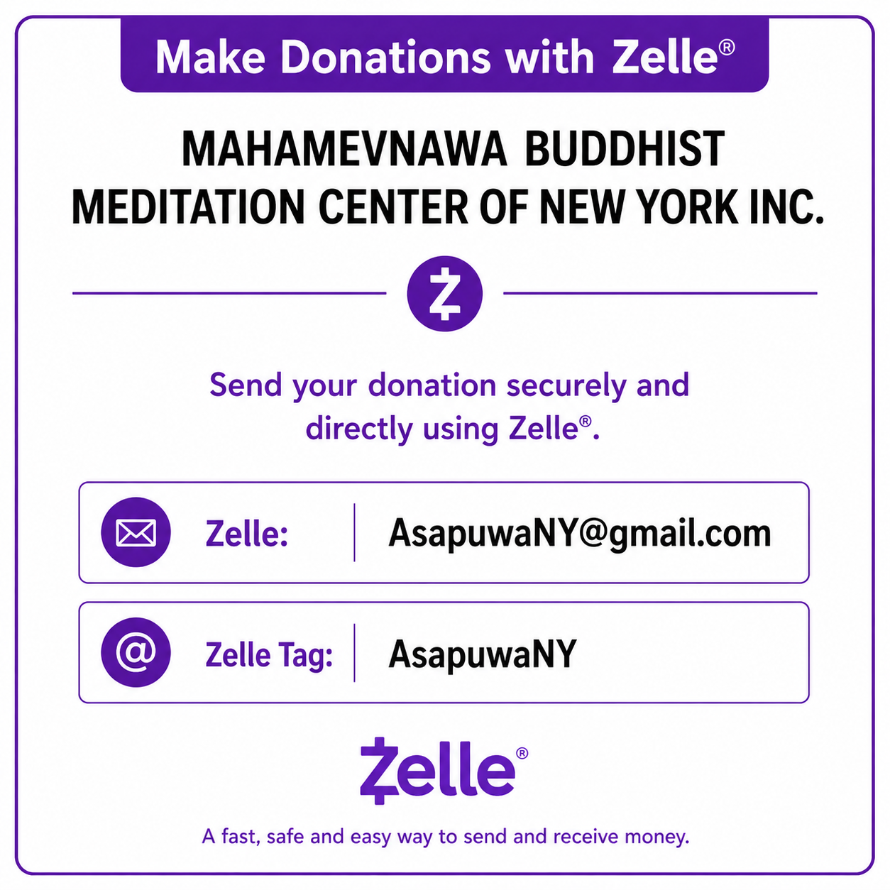Zelle payment details for donation